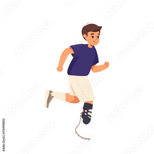 Kid with prosthetic leg run on race. Little smiling boy kid cartoon character with bionic leg running vector illustration isolated on white. Inclusive children with disability. World disability day.