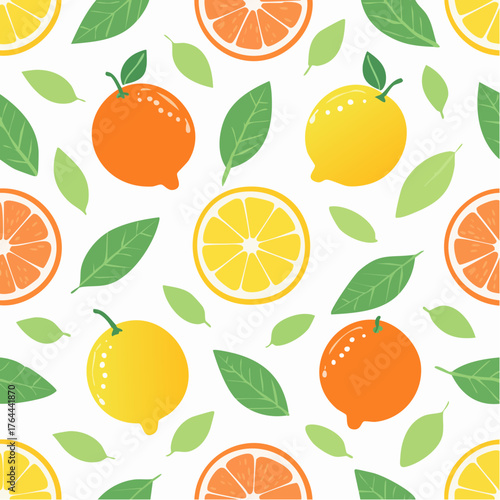 Lovely colorful vector seamless pattern with cute oranges, lemons and leaves in bright colors.