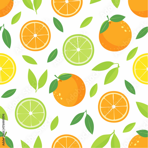 Lovely colorful vector seamless pattern with cute oranges, lemons and leaves in bright colors.