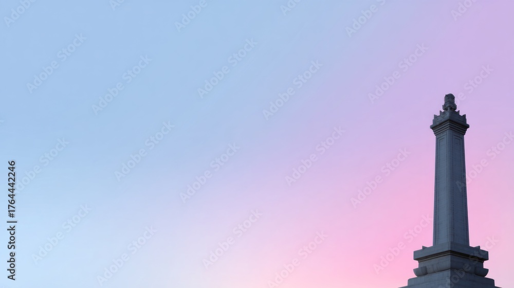 Fototapeta premium Majestic column pierces cotton candy sky, invoking solstice reflections, ancient architecture, and celestial renaissance festivals