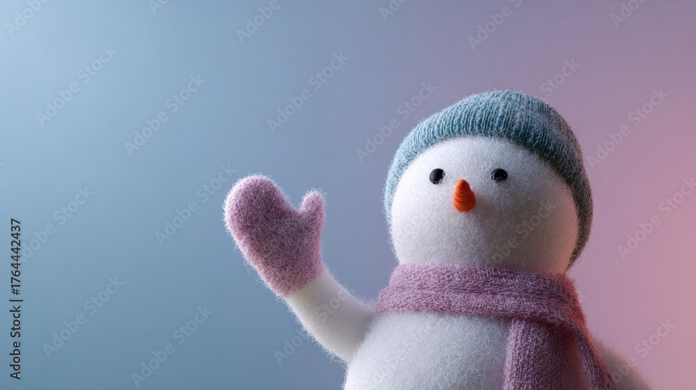 Obraz premium Whimsical plush snowman waves under twilight hues, evoking Winter Solstice cheer and the playful coziness of Hygge