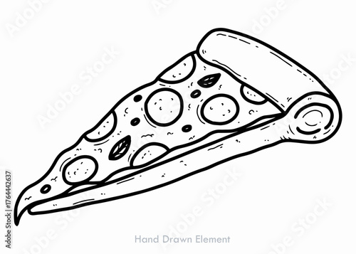 Detailed black and white illustration of a single slice of pepperoni pizza.