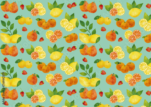 水彩風 冬の柑橘類（イチゴ・ユズ・デコポン・レモン・ミカン）のパターン Winter Fruits Series:Watercolor winter citrus fruits (strawberry, yuzu, dekopon, lemon, mandarin orange) pattern