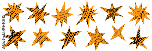 Cut out star shapes with crayon scribble patterns. Irregular collage paper starburst set. Funky kids doodle vector scrapbook elements with jagged edges, doodles, rough chalk strokes texture
