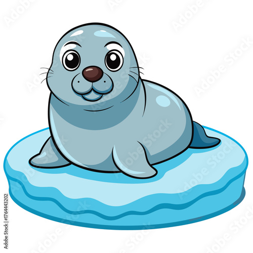 Cartoon seal sitting on an ice floe with a cheerful expression  