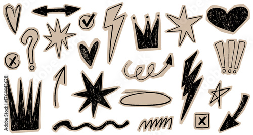 Cut out crayon elements. Playful scrapbook doodle stars, arrows, crown, lightnings for collage and zine design. Vector torn craft paper shapes with funky scribbles with chalk strokes texture