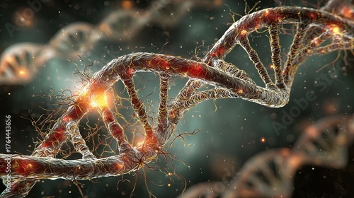 Fototapeta Naklejka Na Ścianę i Meble -  Photorealistic 3D illustration of a glowing DNA double helix structure, showing detailed molecular strands and luminous highlights symbolizing genetic code and life, generative ai illustration.
