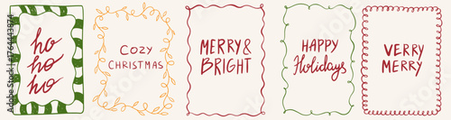 Vintage hand drawn Christmas frames. New Year design holiday chalk borders and decorations. Minimalist line art. Vector Trendy decoration borders for poster, placards and invitations.