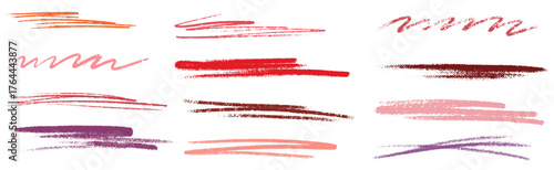 Crayon lipstick underlines. Hand drawn pink and red chalk lines with crayon texture. Makeup smears and swatches, beauty industry design. Doodle vector straight strokes, highlighters