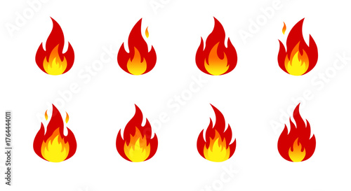 Vibrant graphic set of eight stylized fire flame icons, representing heat, warmth, and energy, ideal for design elements and warning symbols in various projects