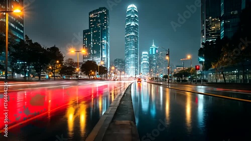 Night Cityscape with Skyscrapers and Lights Reflecting on Wet Street Surface
