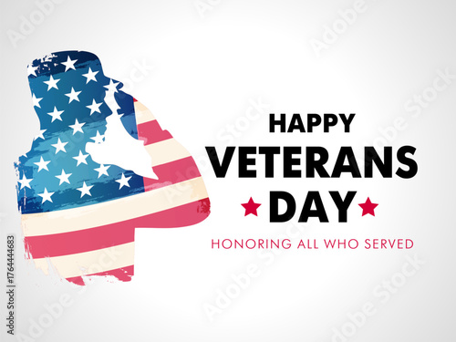 Happy Veterans Day with silhouette of an American soldier saluting. Social media banner concept with soldier and USA flag. Vector illustration
