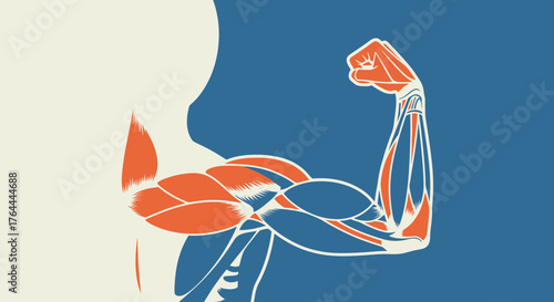 Anatomy of a flexed arm, showing muscles and bones, against a blue and white background.