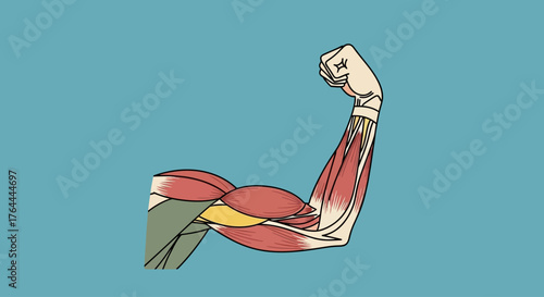 Detailed anatomical illustration of a flexed human arm showing various muscle groups on a blue background.