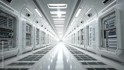 Futuristic Corridor with High-Tech Servers and Sleek Architectural Design