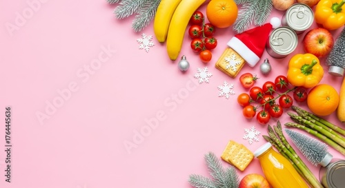 Christmas Food Donation Flat Lay with Copy Space on Pink Background