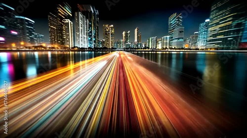 Dynamic City Lights at Night with Illuminated Skyscrapers and Reflective Water Surface