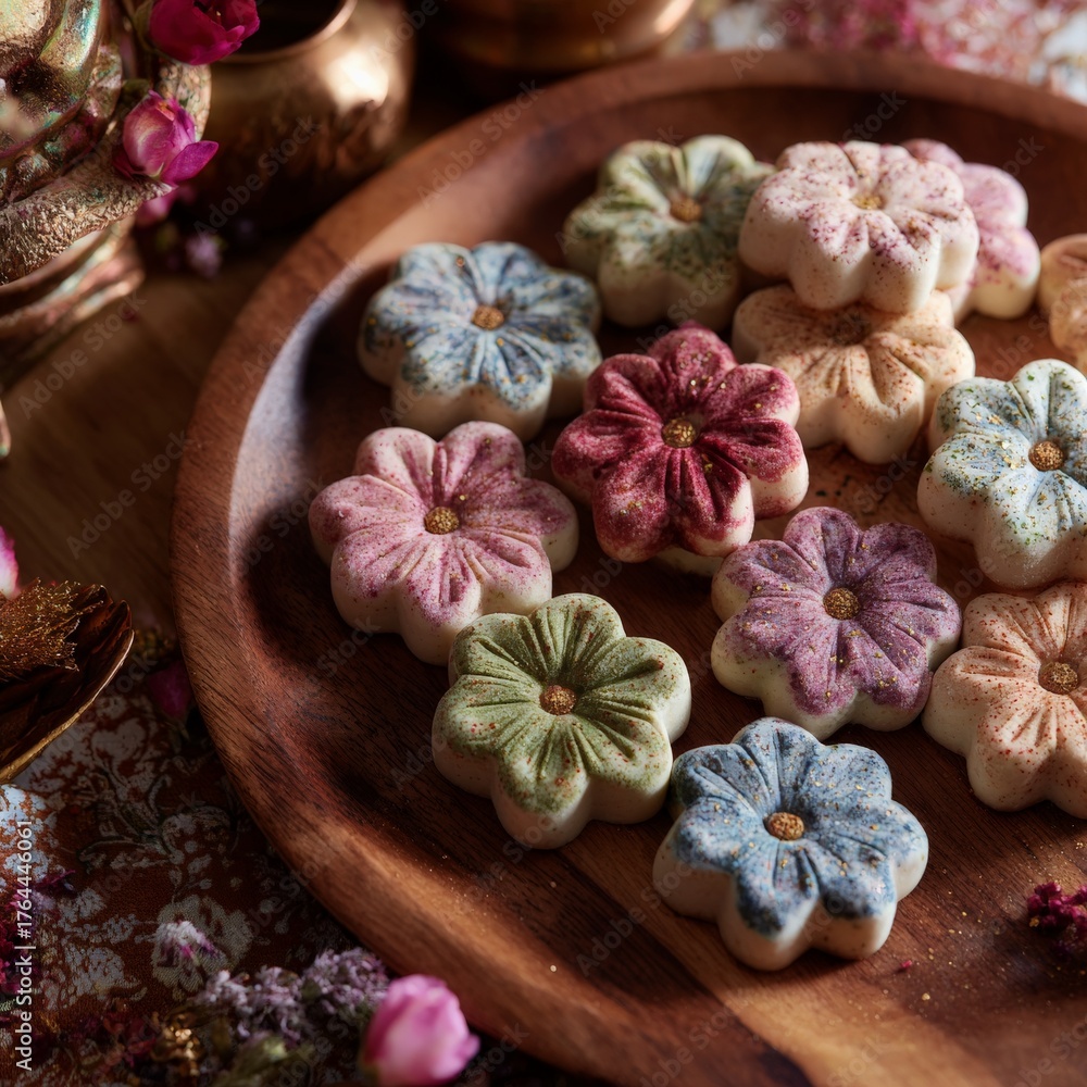 Fototapeta premium Colorful handmade flower-shaped sweets arranged beautifully on a wooden plate surrounded by decorative elements