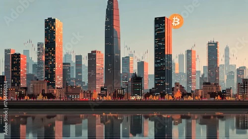 Futuristic Cityscape with Cryptocurrency Symbol in a Metropolitan Skyline at Dusk