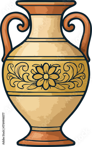 Antique Ceramic Vase Vector Illustration – Double Handle, Baroque Floral Motif, Ornate Classic Pottery