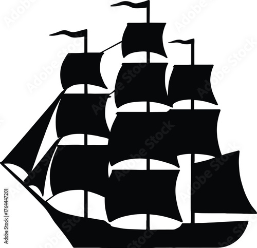 sailing ship with multiple masts and unfurled sails silhouette