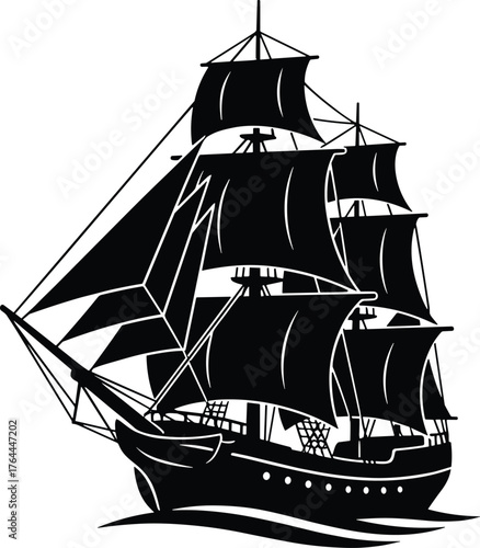 sailing ship with multiple masts and unfurled sails silhouette