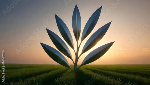 Metallic Leaf Sculpture at Sunset