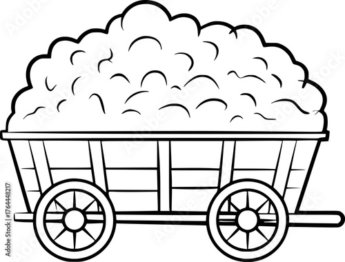 Black and white drawing of a cart filled with fluffy material wagon
