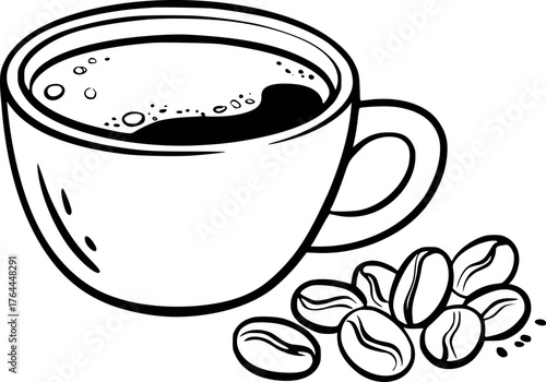 Black and white line drawing of a coffee cup with beans drink beverage