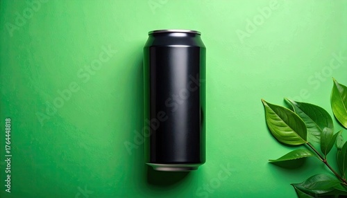 Wallpaper Mural Matte black can on bright green, with leafy sprig Torontodigital.ca