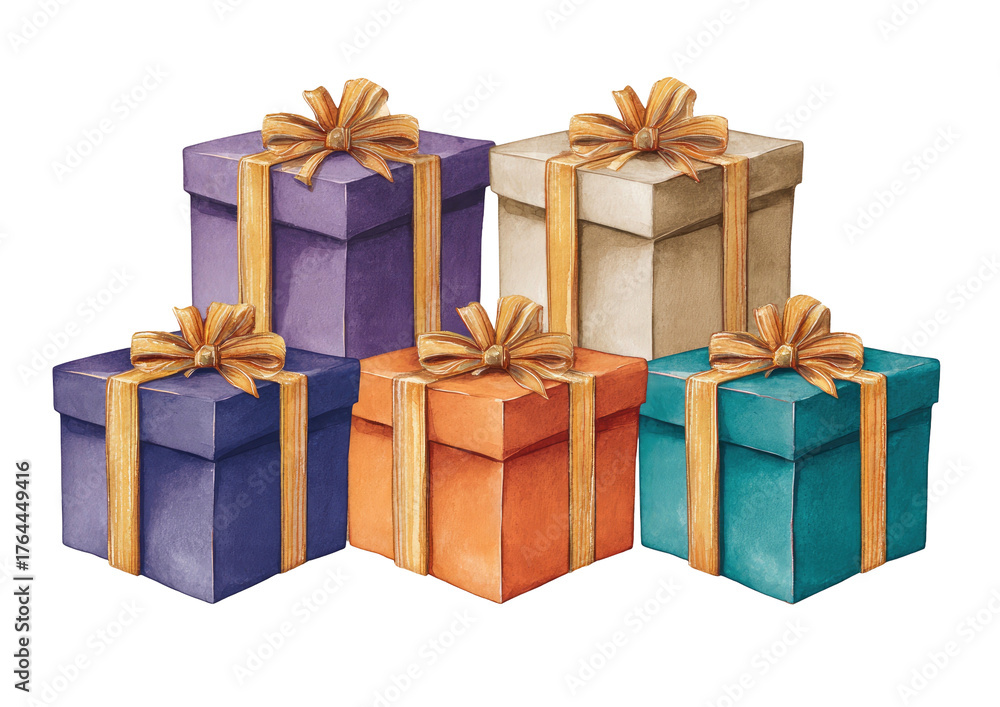 Obraz premium Watercolor stack of 5 colorful gift boxes with gold ribbons