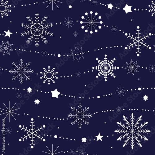 White cute snowflakes on a blue background. Whinter seamless pattern. Vector image.
