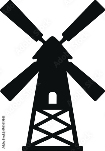 windmill with four long blades on a tall tower, solid black silhouette
