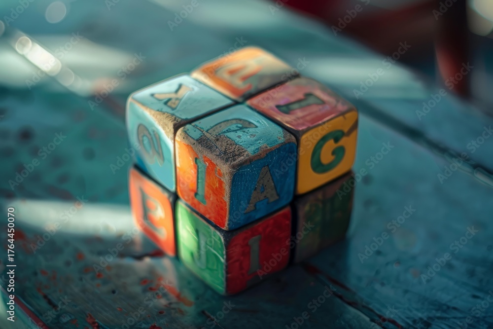 Obraz premium Multicolored alphabet toy blocks spelling flag are sitting on a weathered blue surface