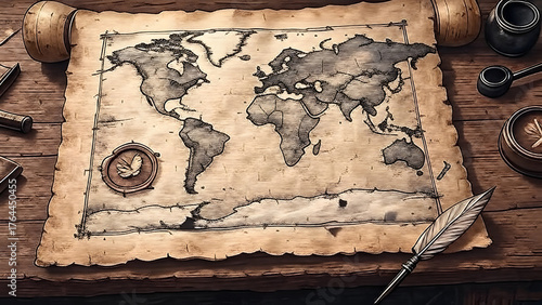 Vintage World Map with Quill and Compass