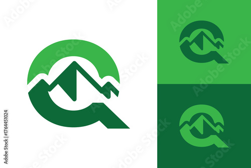 The image shows a flat logo design of an initial letter Q with a mountain peak as the focal element in green color combination
