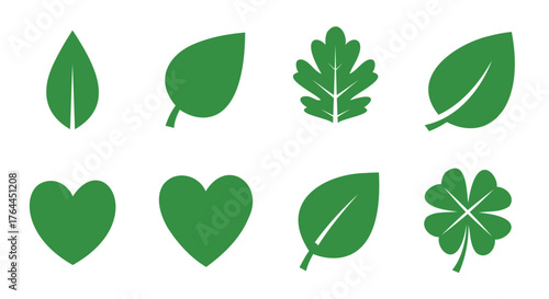 Green leaf heart and clover icons nature