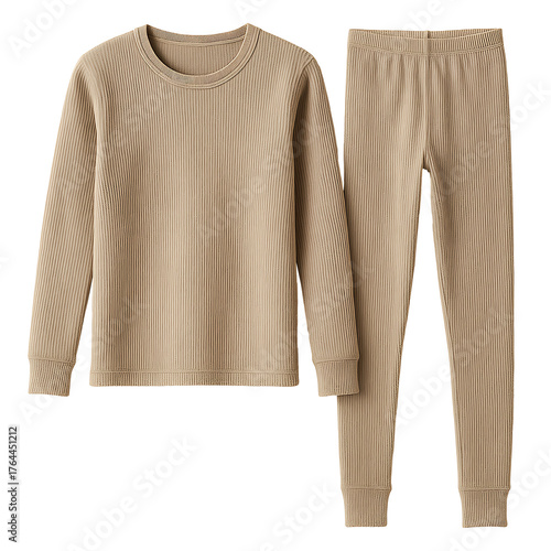 Beige ribbed thermal top and leggings set isolated on transparent background