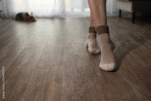 Warm feet in soft socks enjoy the gentle heat of underfloor heating while walking on a beautiful wooden floor. A relaxed dog rests nearby, adding to the cozy atmosphere of the living room.