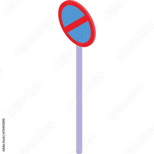 No Parking Sign With Red Border Blue Circle and Red Diagonal Line on a Tall Light Purple Pole on a Transparent Background