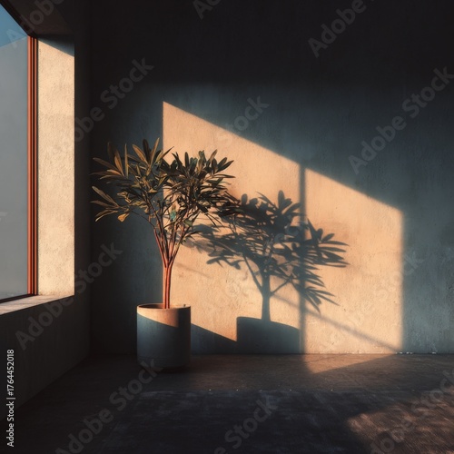 Sunlight casts shadows of a potted plant in a minimalistic room with soft textures