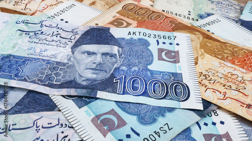 Pakistani paper money of different values placed together, symbolizing finance, economy, savings, and investment in Pakistan. featuring Quaid-e-Azam Muhammad Ali Jinnah portrait and security features.