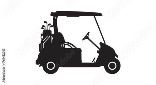 Vector art of golf cart silhouette on transparent background, featuring a golf bag and clubs