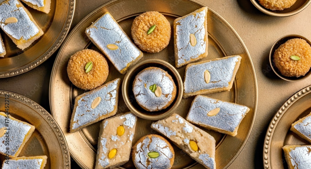 Fototapeta premium Assortment of Vibrant Indian Mithai Sweets on Golden Decorative Platters