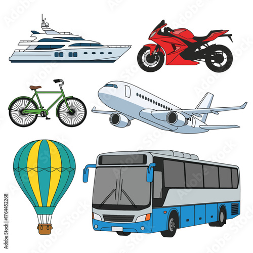 Vector art of collection of various transportation methods including a yacht, motorcycle, bicycle, airplane, and bus