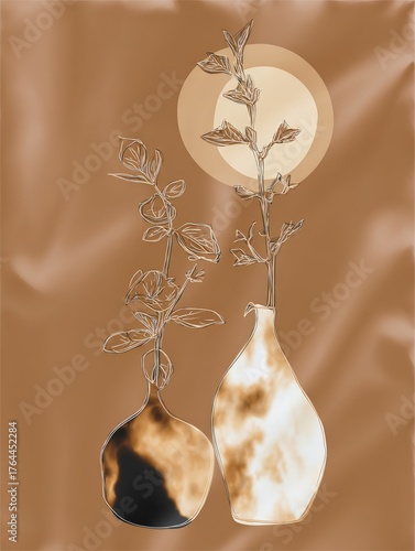 Stylish vases with plants against a warm background featuring a circular shape creating a soothing atmosphere