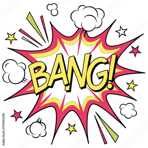 Pop art explosion comic book illustration vector design with fun text like BANG, BOOM, and WOW for a dynamic cartoon poster