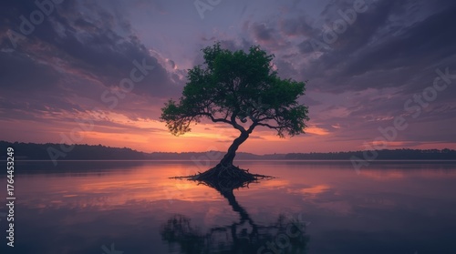 Dreamy sunset landscape with lone tree reflecting in tranquil lake water creating peaceful and serene scene