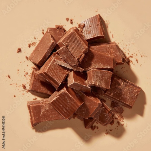 Delicious chunks of chocolate stacked on a smooth surface ready for baking or snacking in a home kitchen