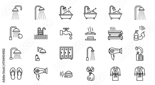 Vector art of collection of bathroom and spa icons for relaxation and personal care
